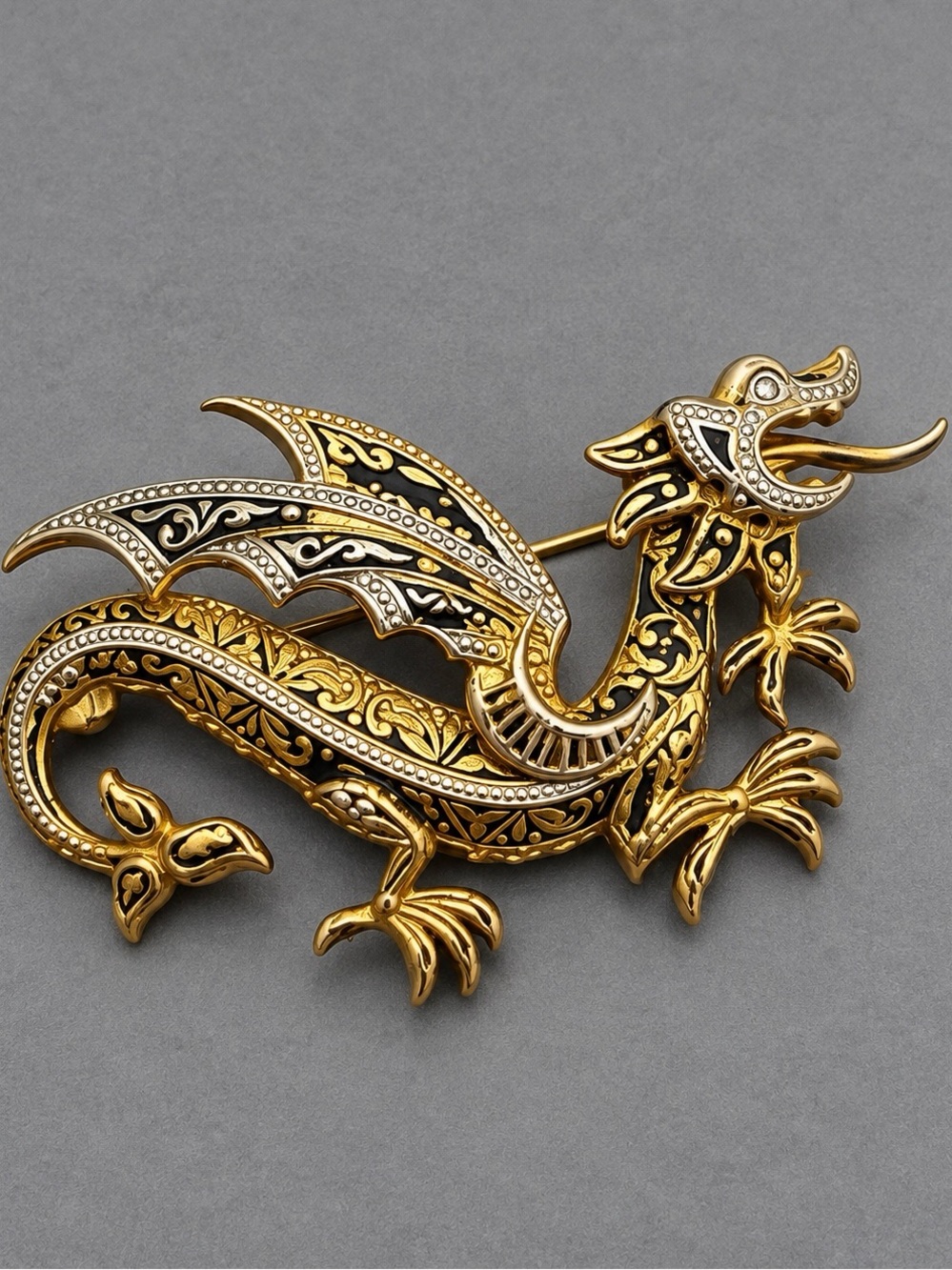 Vintage Damascene  Dragon Brooch #cz216